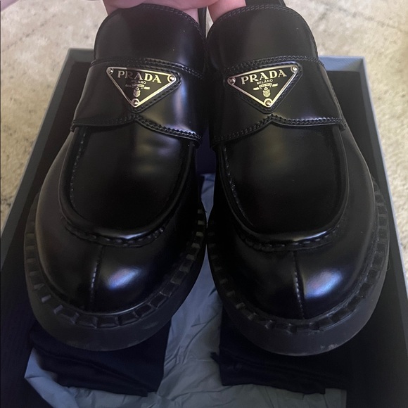 Prada Leather Triangle Logo Loafers Black Size 37.5